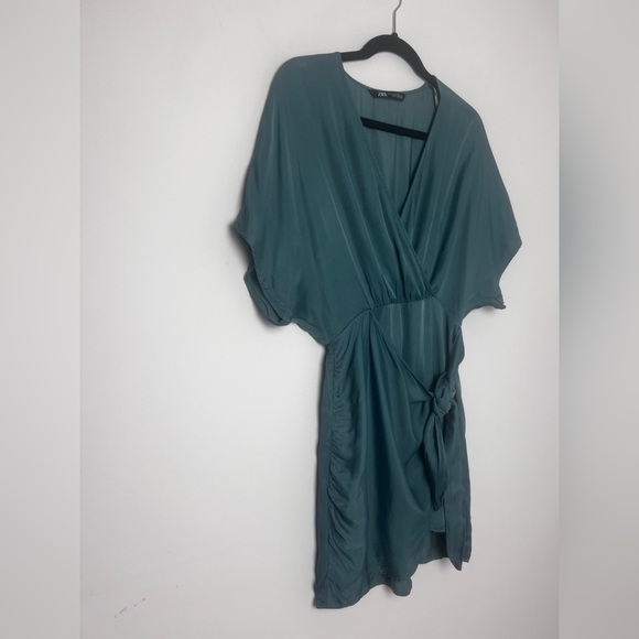 ZARA Women's Small Sea Green Satin Effect Faux Wrap Party Cocktail Mini Dress - Picture 8 of 14